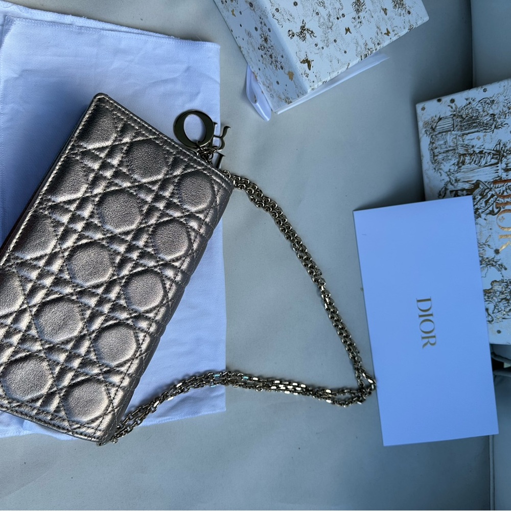 Christian Dior Lady Pouch Metallic Rose Gold Wallet On Chain - Picture 7 of 10